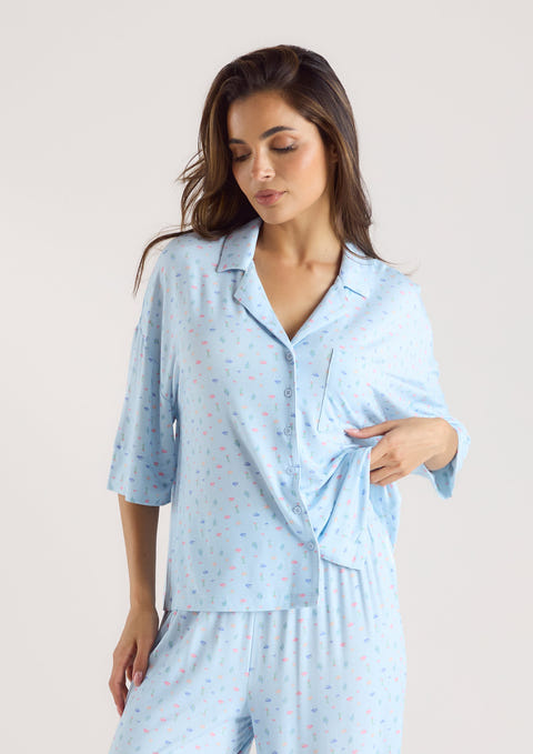Modal Pyjama-Shirt mit kurzen Ärmeln - Florales Blau