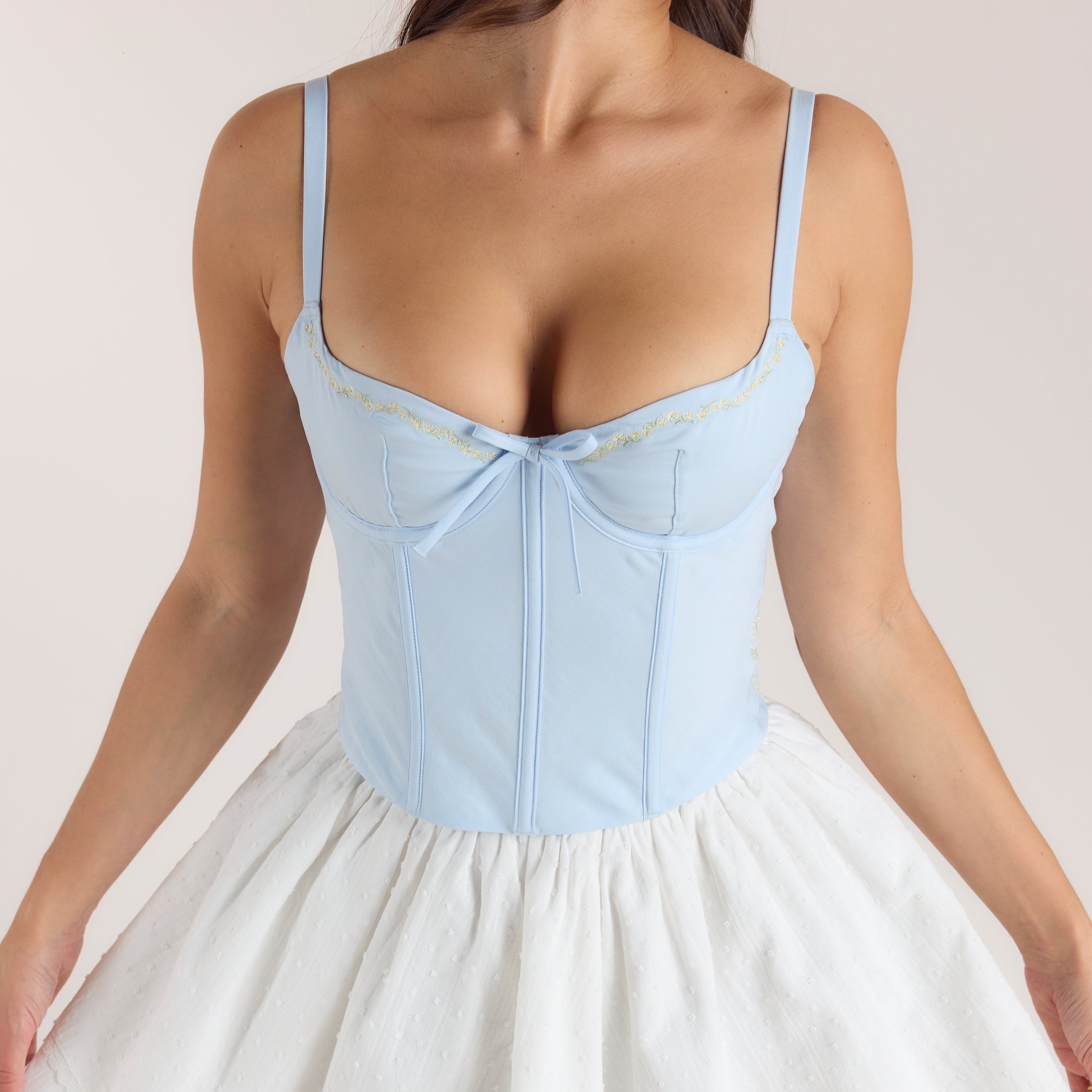 Bestickter Korsett-Top mit Blumenmuster - Blau