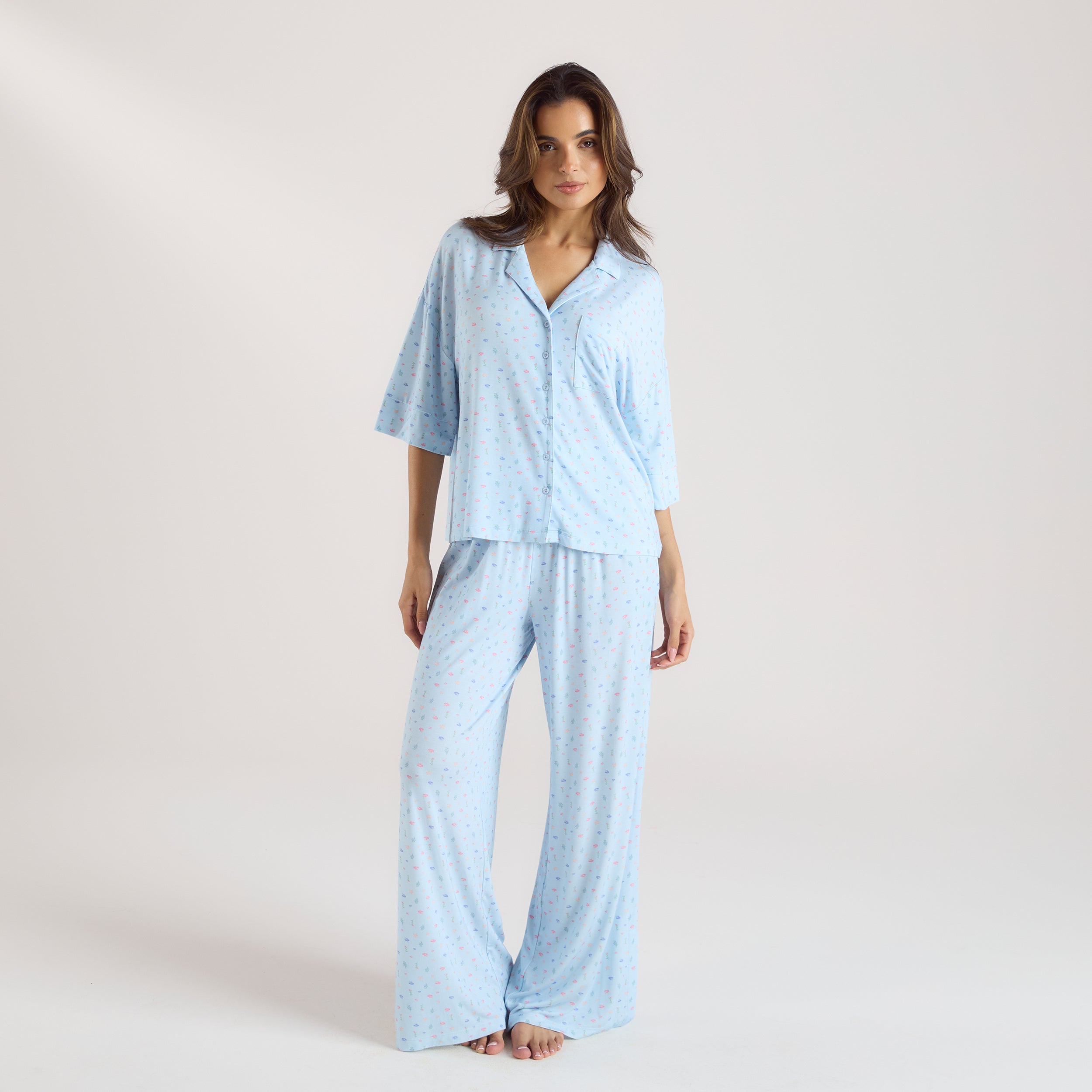 Modal Pyjama-Shirt mit kurzen Ärmeln | Modal Pyjama-Shirt mit kurzen Ärmeln - Florales Blau