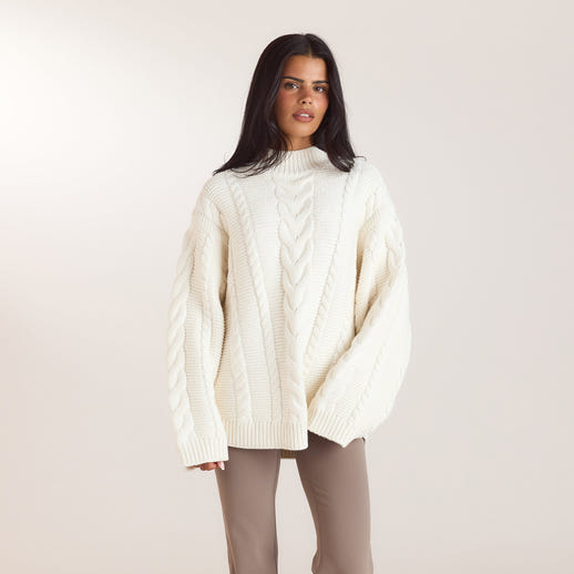 Oversized-Strickpullover mit Zopfmuster - Crèmefarbe alternate