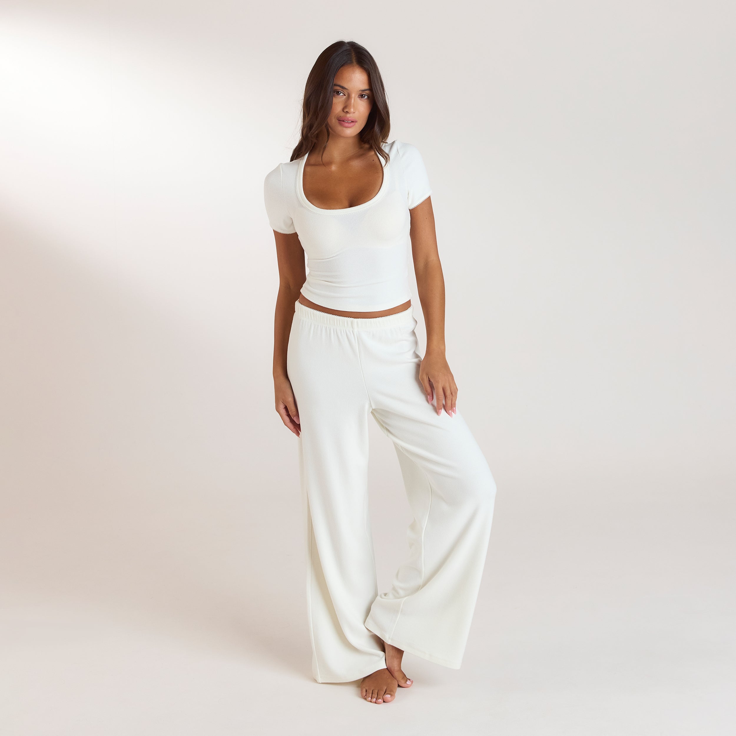 Geripptes Kurzarm-Pyjama Top | Geripptes Kurzarm-Pyjama Top - Crèmefarbe