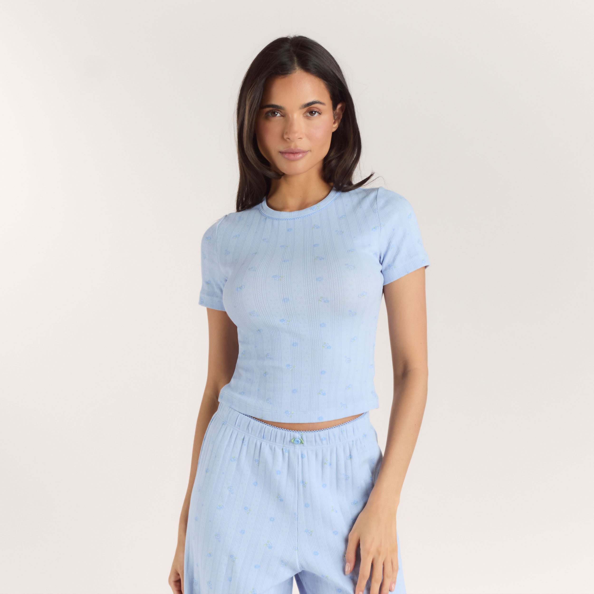 Pointelle Pyjama-Top - Florales Blau