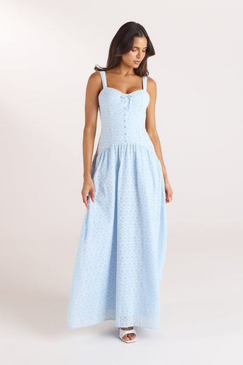 Broderie-Maxikleid - Blau