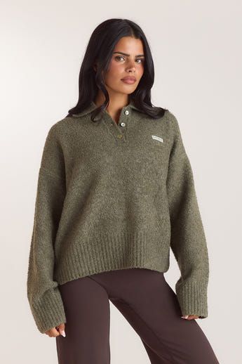 Bouclé-Strickpullover mit Polokragen - Khaki alternate