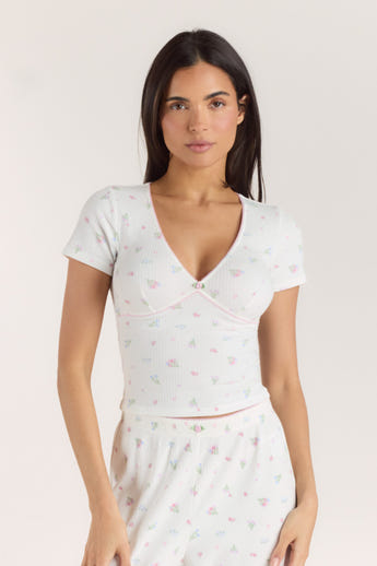 Gerippter, Kurzärmeliger Pyjama Top - Florales Weiss