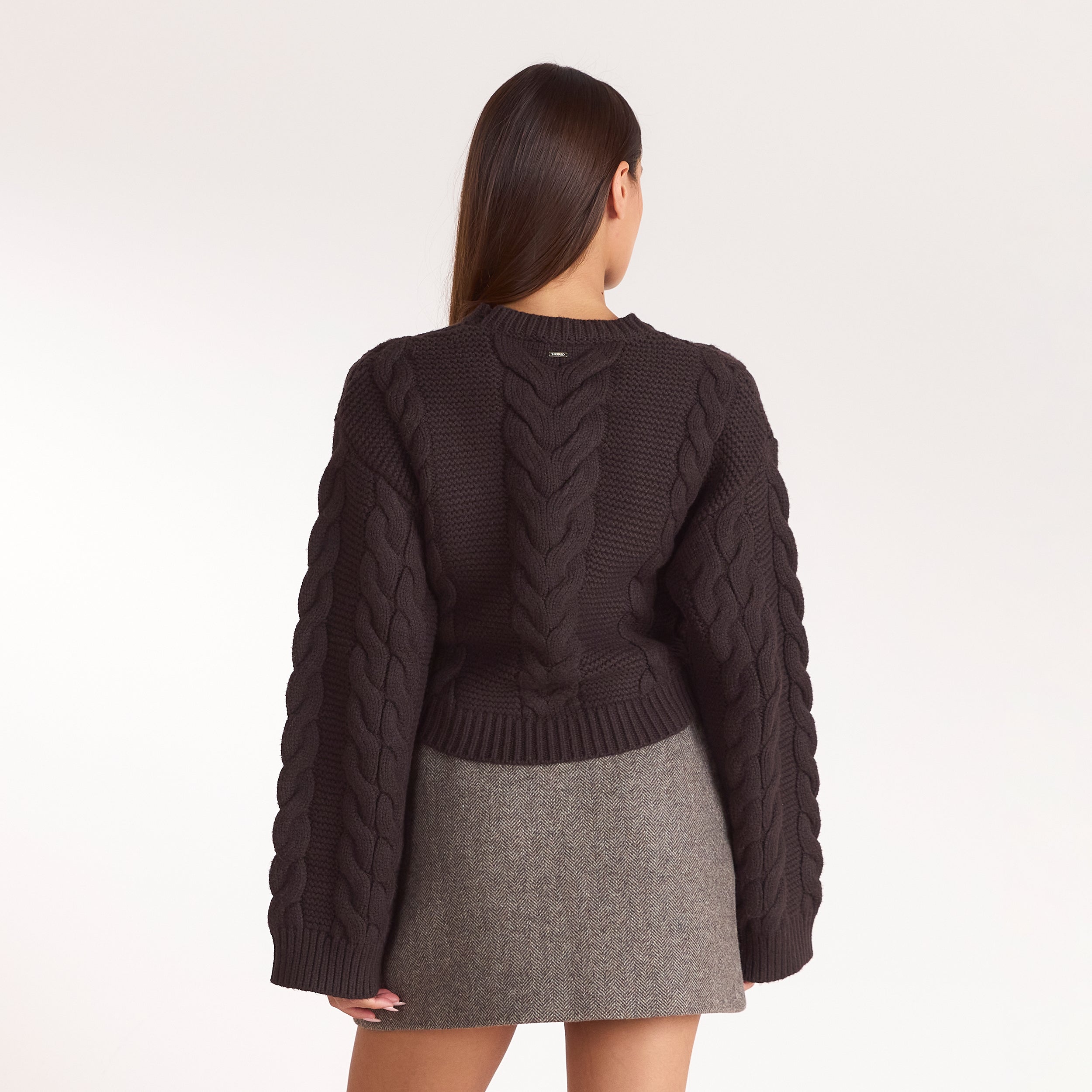 Kurzer Zopfstrickpullover | Kurzer Zopfstrickpullover - Dunkle Schokolade