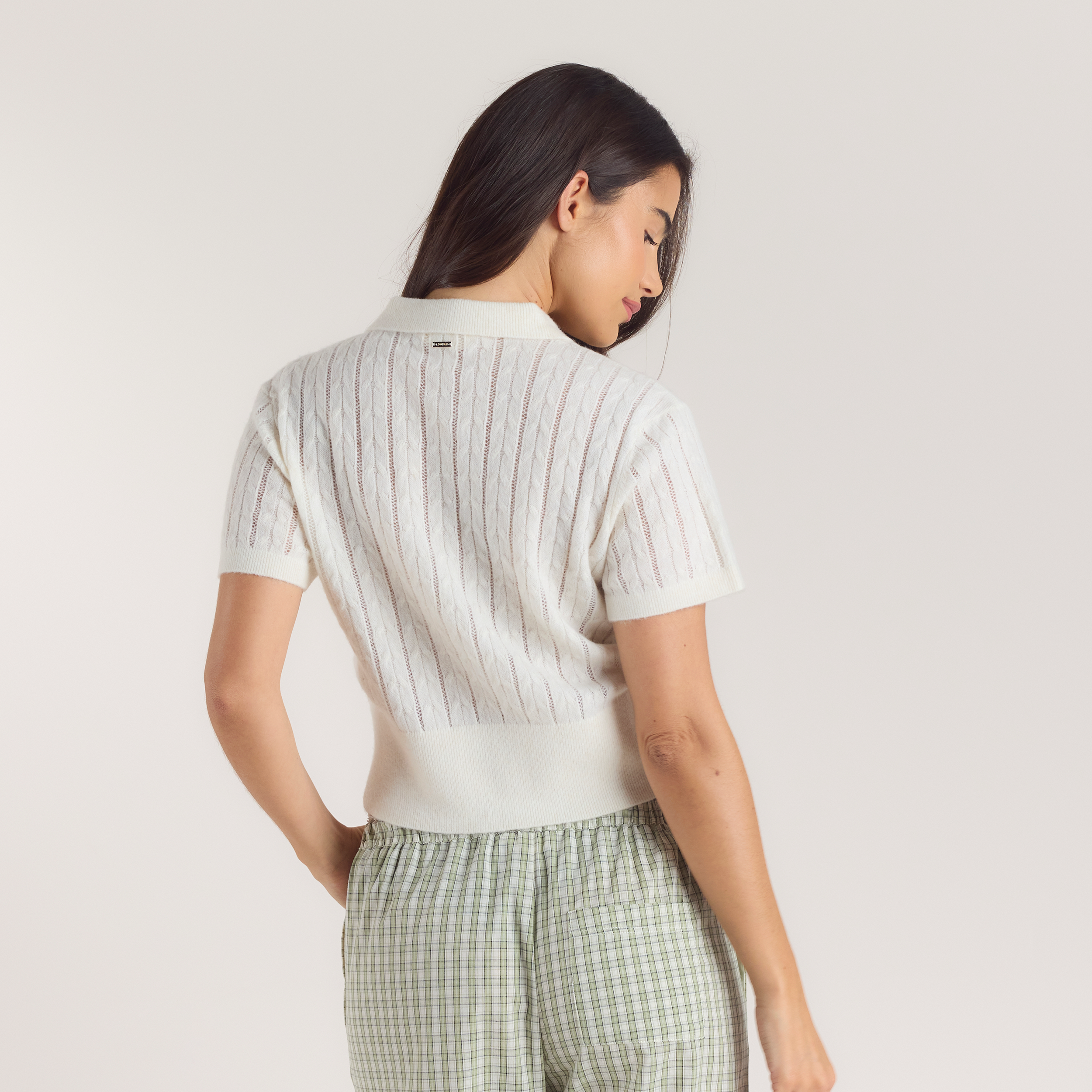 Transparentes Strick-Polo | Transparentes Strick-Polo - Crèmefarbe