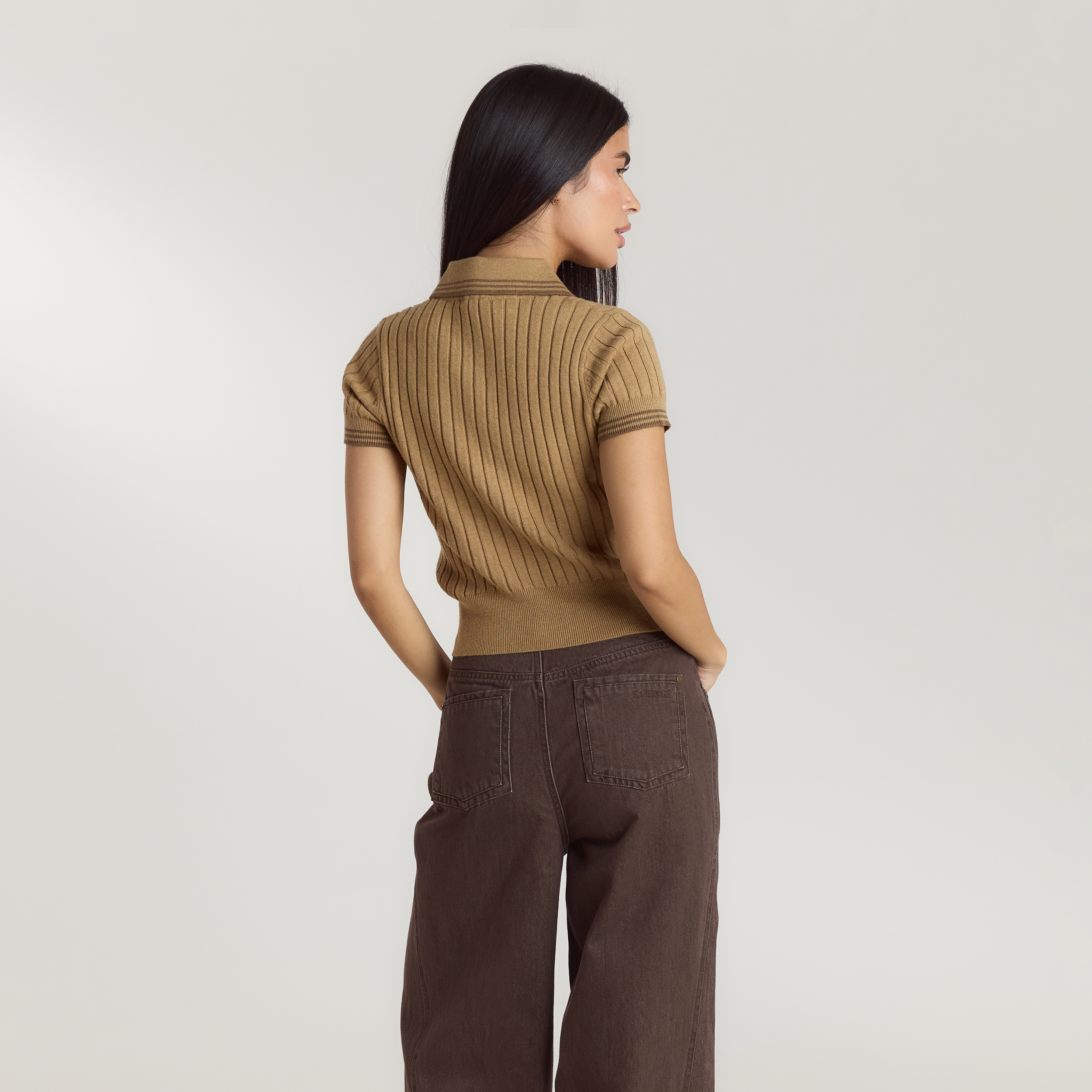 Gestricktes Polo-Top | Gestricktes Polo-Top - Hellbraun