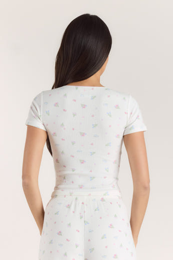 Gerippter, Kurzärmeliger Pyjama Top - Florales Weiss alternate