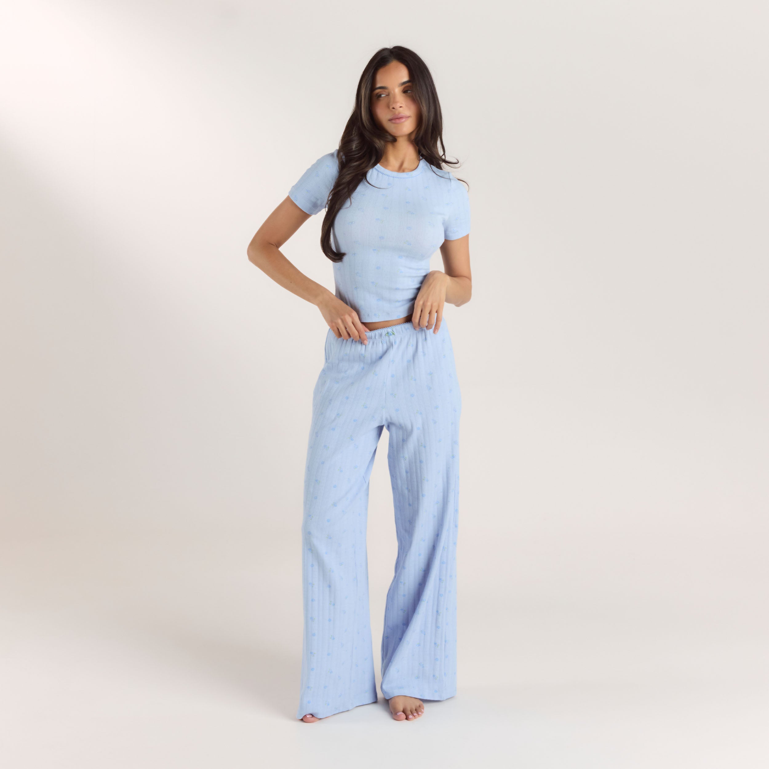 Pointelle Pyjamahosen | Pointelle Pyjamahosen - Florales Blau