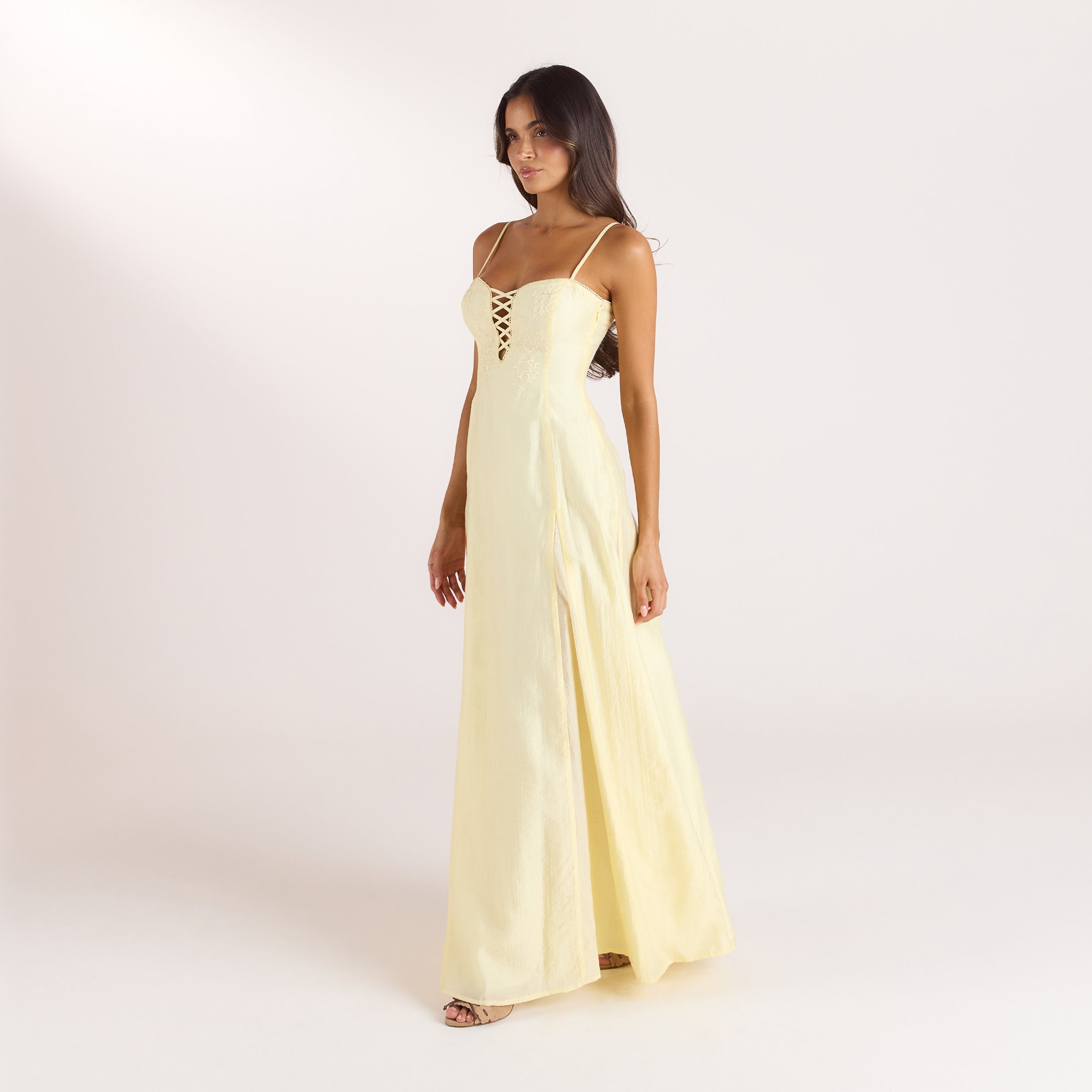 Bestickter Maxikleid mit Korsetdetail | Bestickter Maxikleid mit Korsetdetail - Zitrone