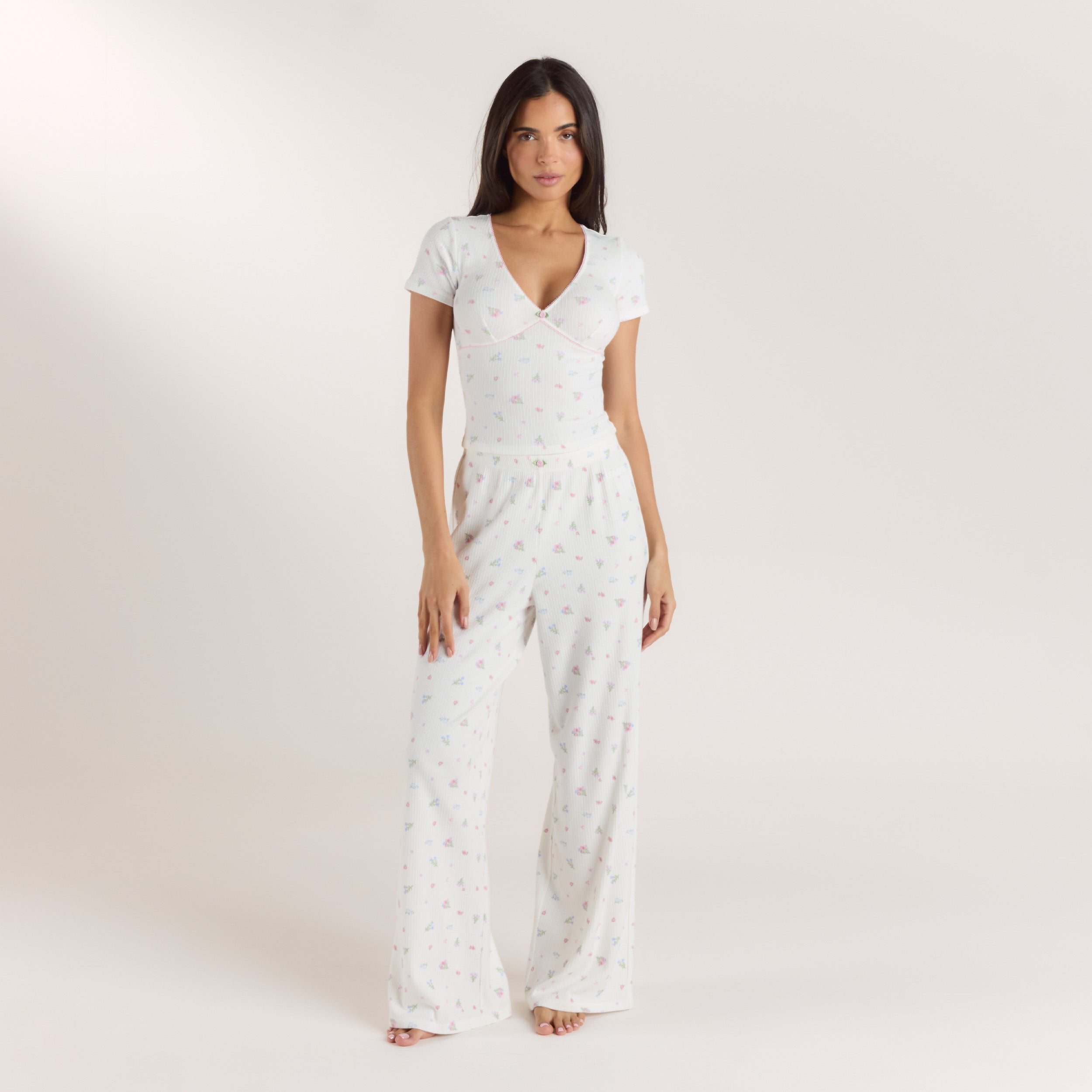 Gerippter, Kurzärmeliger Pyjama Top | Gerippter, Kurzärmeliger Pyjama Top - Florales Weiss