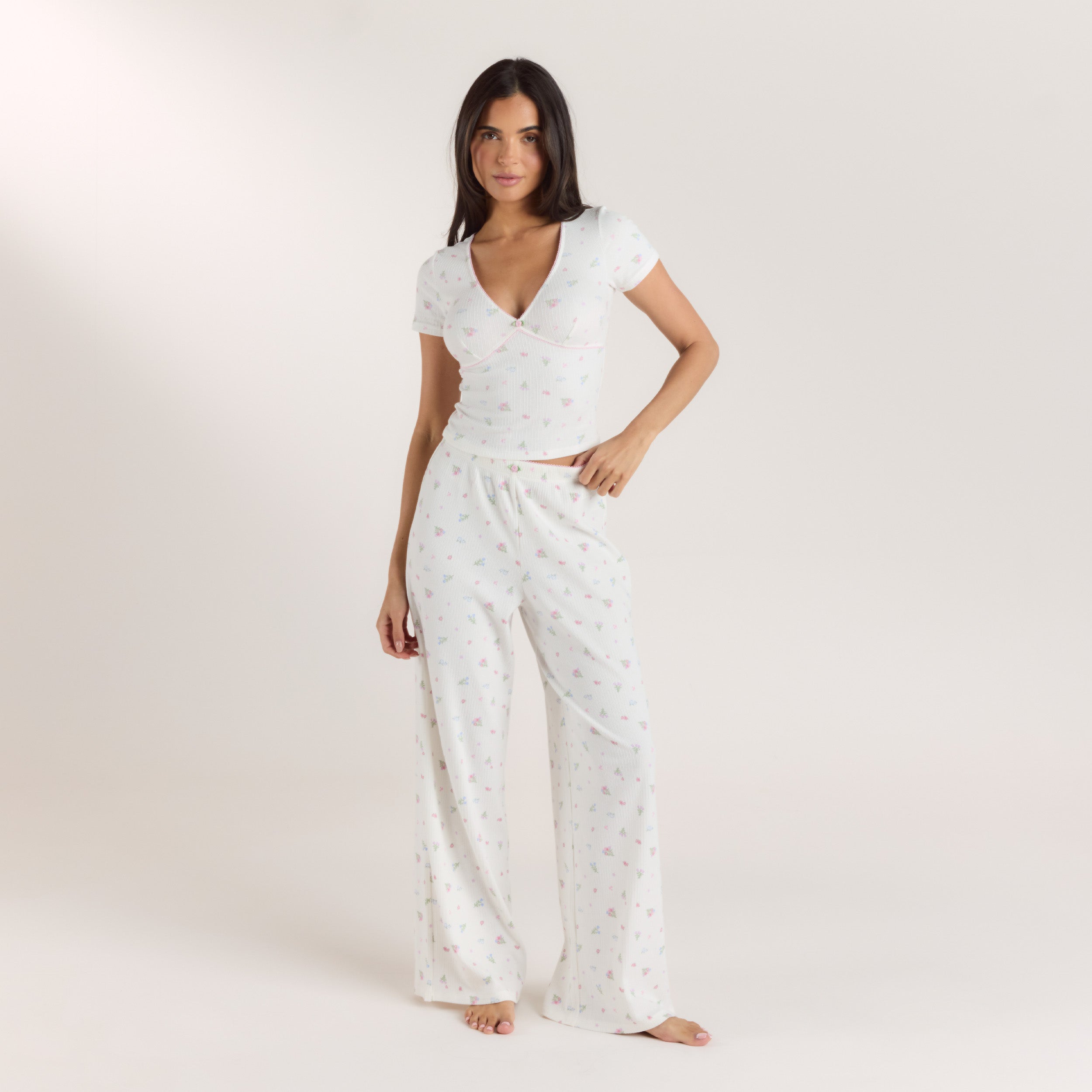 Gerippte Pyjamahosen | Gerippte Pyjamahosen - Florales Weiss