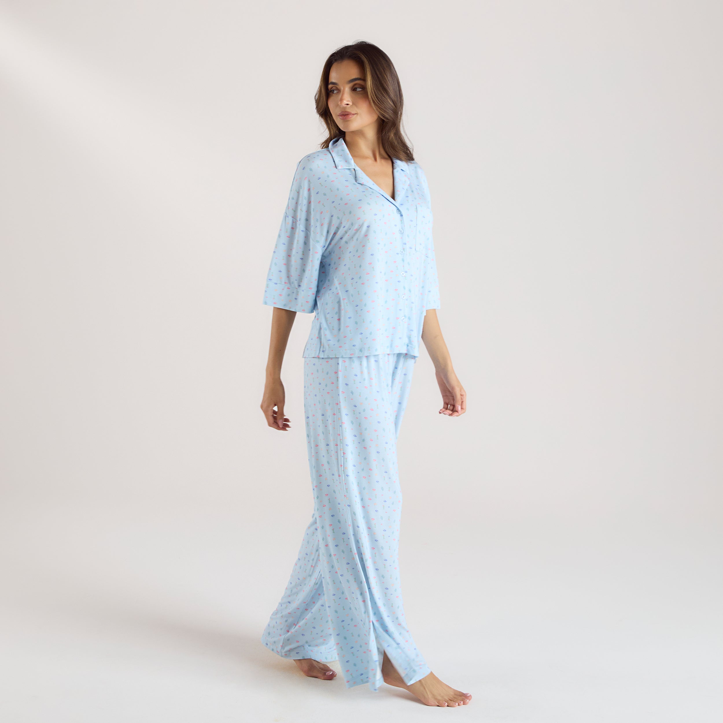 Modal Pyjama-Shirt mit kurzen Ärmeln | Modal Pyjama-Shirt mit kurzen Ärmeln - Florales Blau