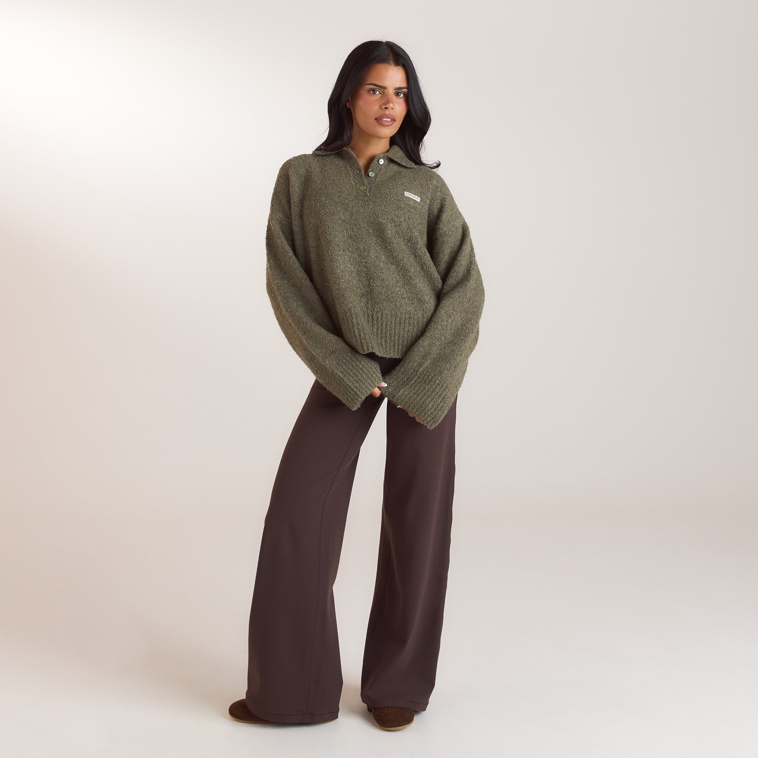 Bouclé-Strickpullover mit Polokragen | Bouclé-Strickpullover mit Polokragen - Khaki