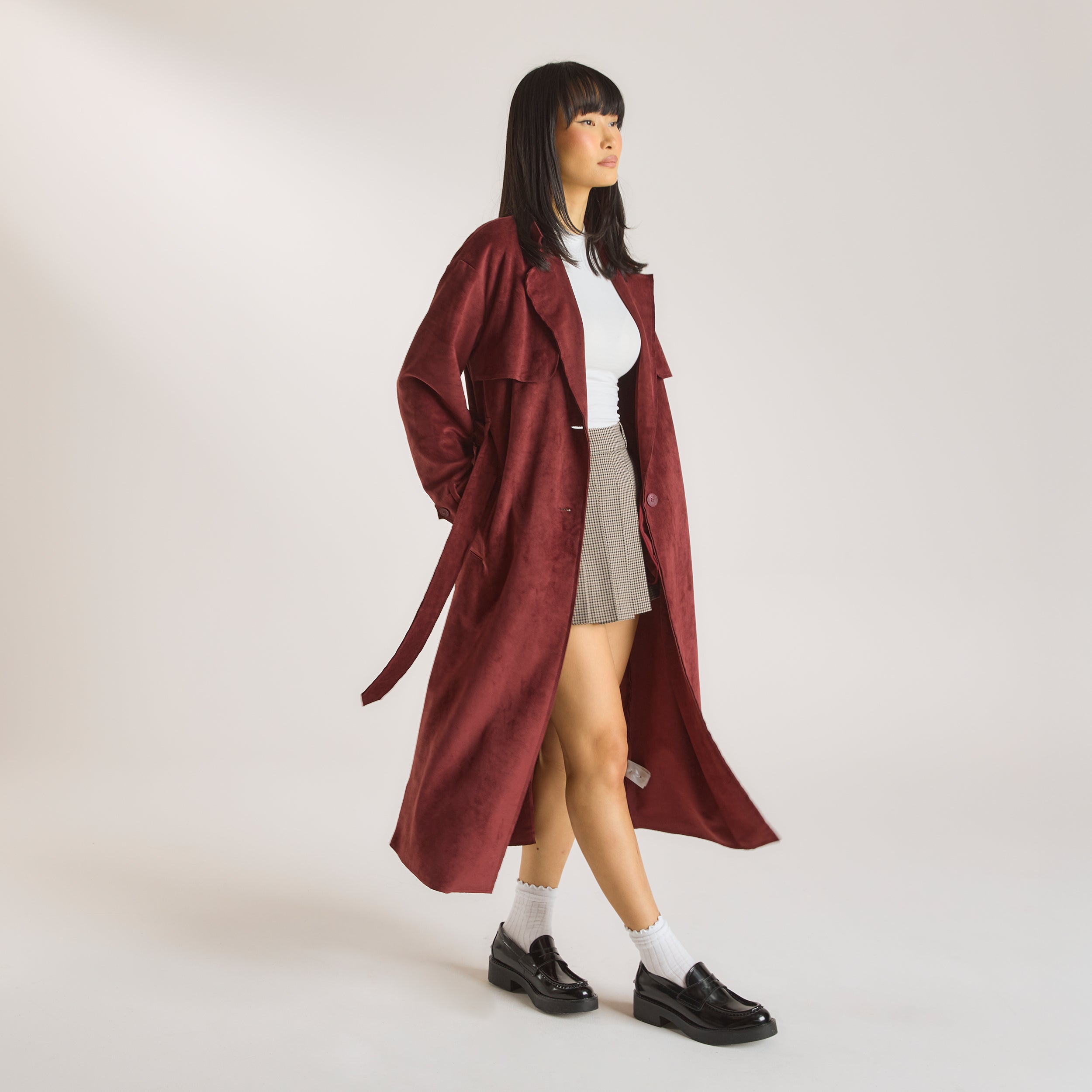 Veloursleder-Trenchcoat | Veloursleder-Trenchcoat - Burgunderrot