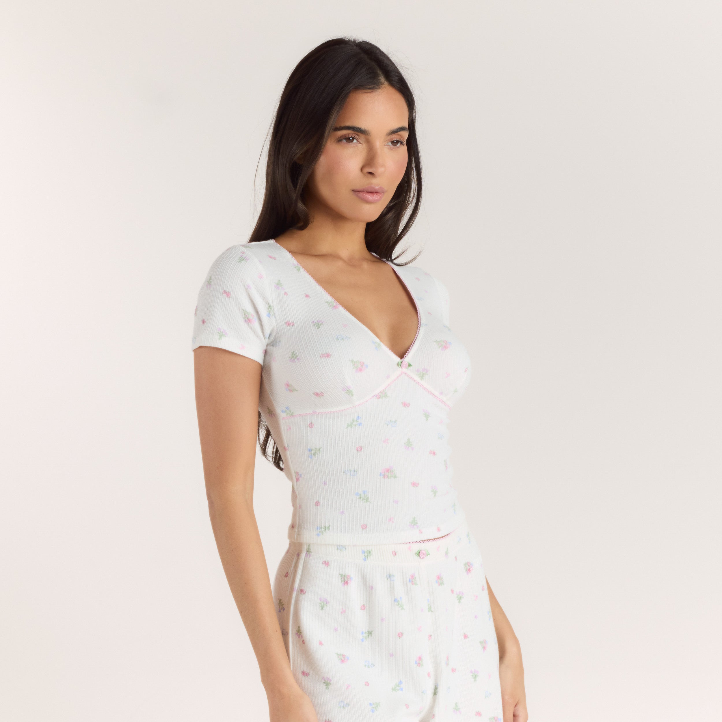 Gerippter, Kurzärmeliger Pyjama Top | Gerippter, Kurzärmeliger Pyjama Top - Florales Weiss