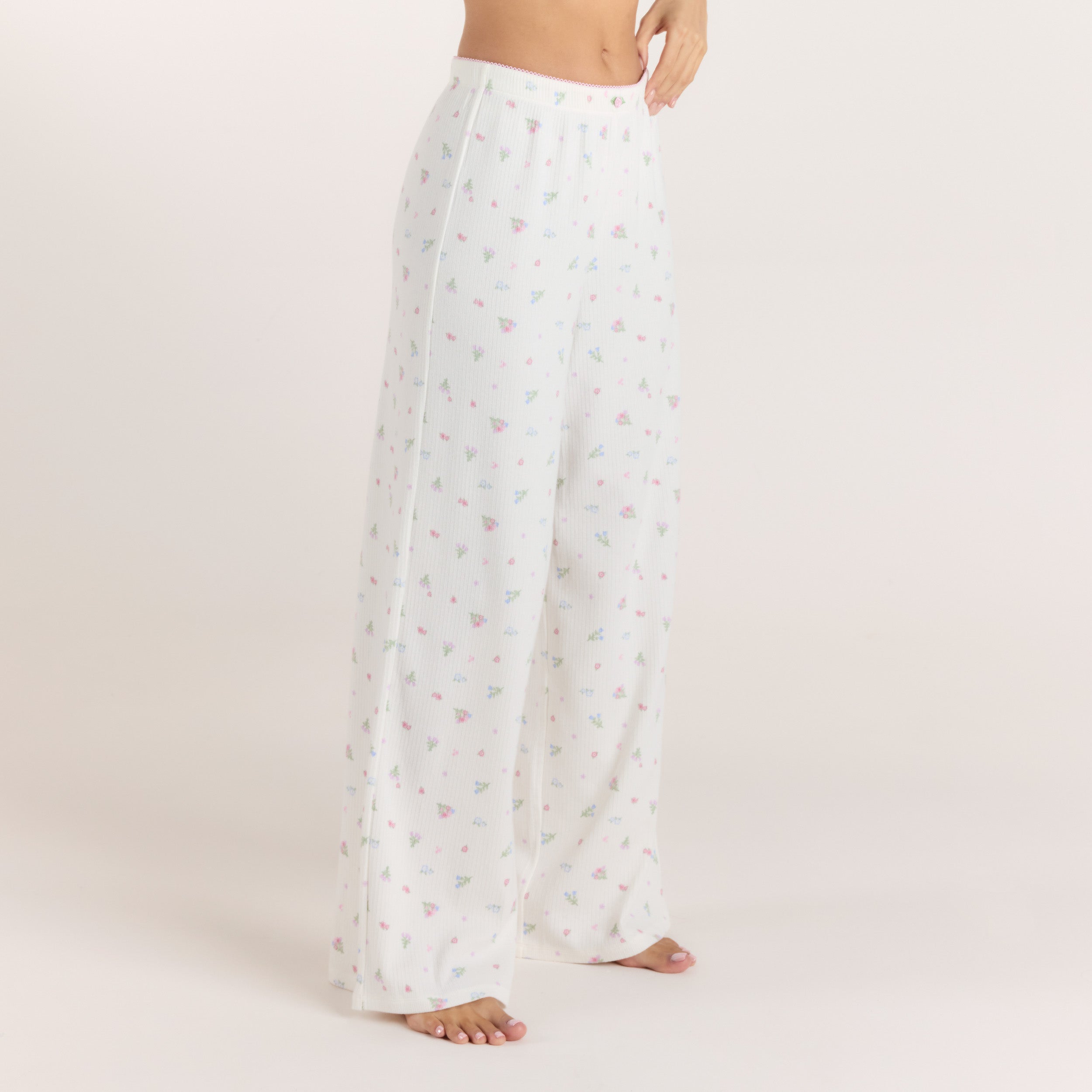 Gerippte Pyjamahosen | Gerippte Pyjamahosen - Florales Weiss