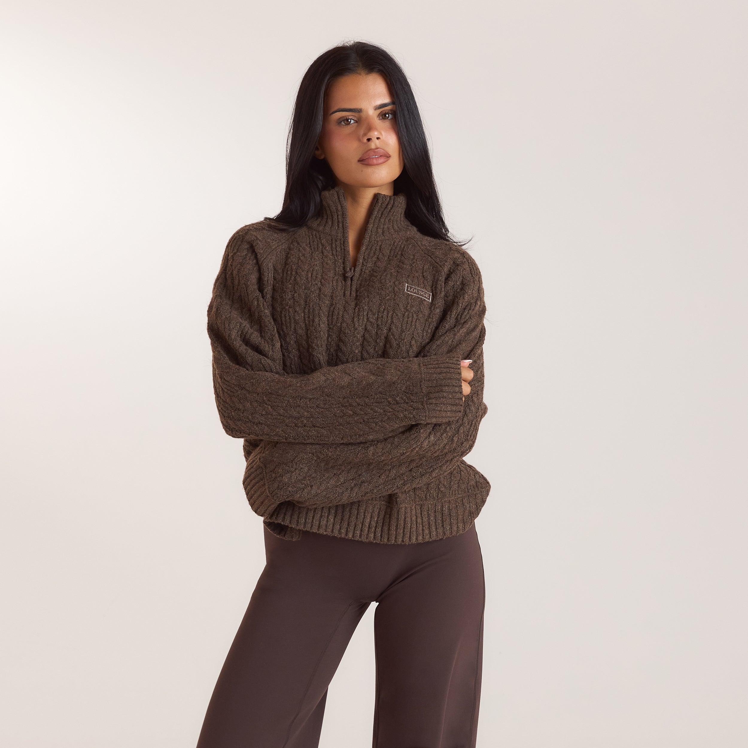 Strickpullover mit Viertelreissverschluss | Strickpullover mit Viertelreissverschluss - Taupe