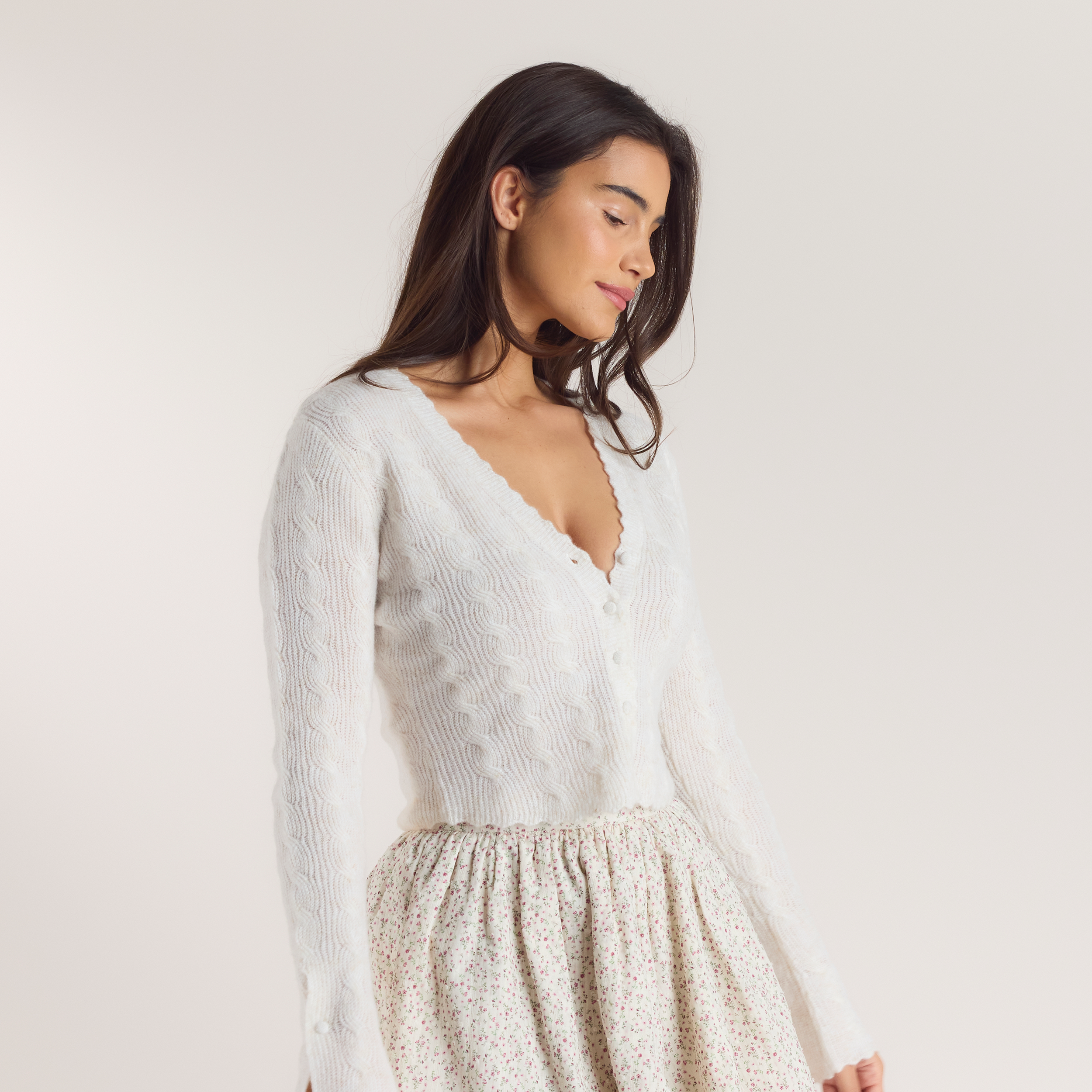 Strickjacke mit Weitem Ärmel | Strickjacke mit Weitem Ärmel - Crèmefarbe