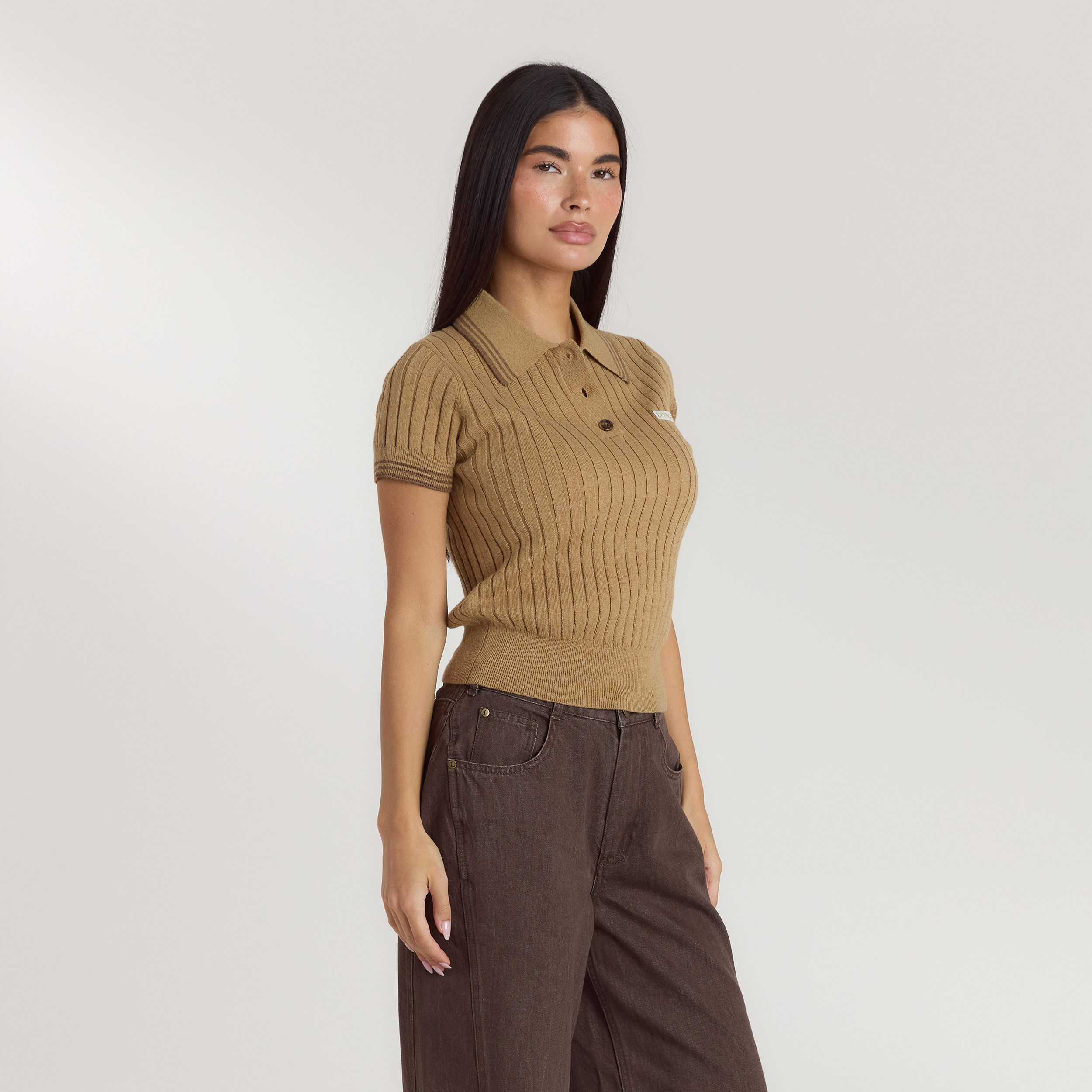 Gestricktes Polo-Top | Gestricktes Polo-Top - Hellbraun