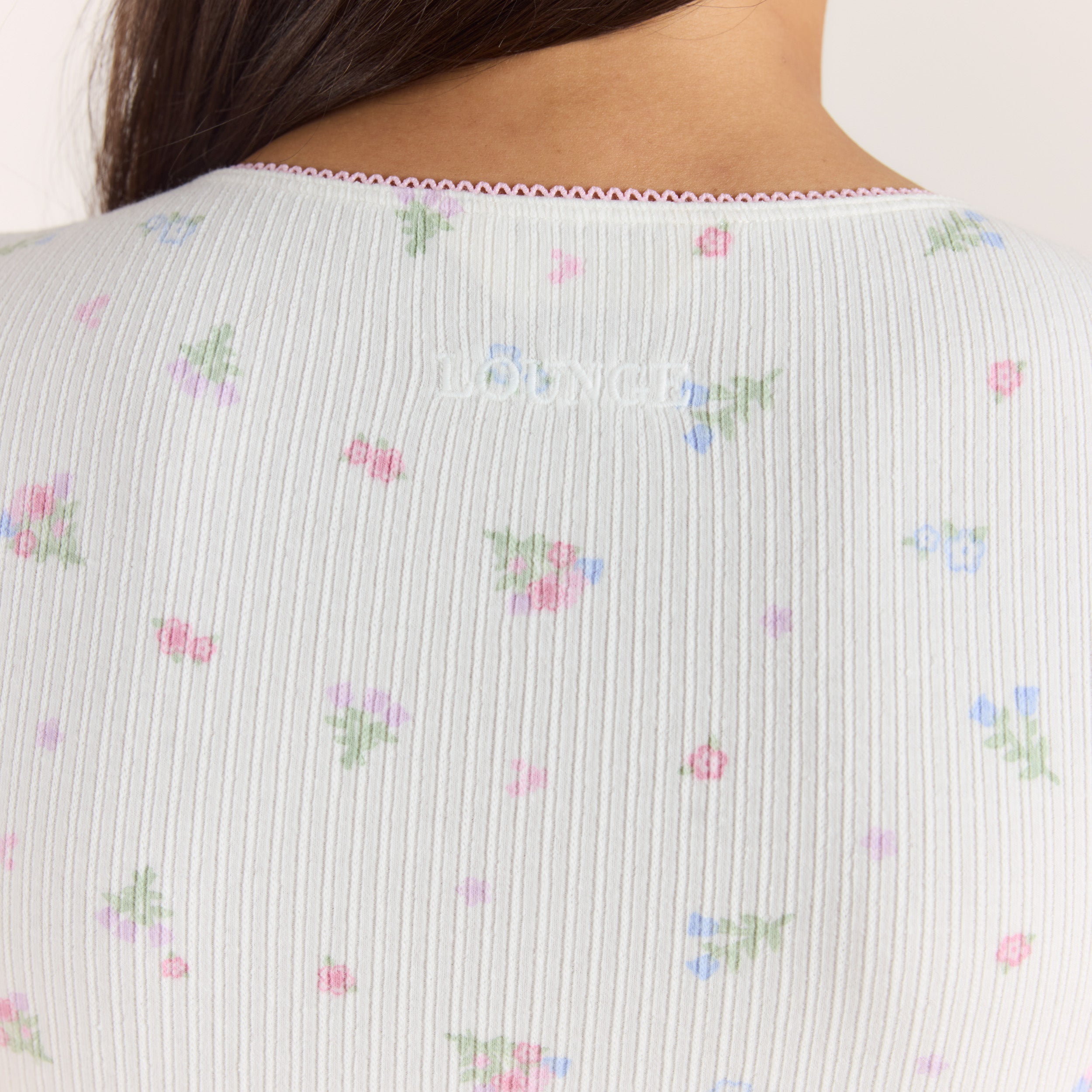 Gerippter, Kurzärmeliger Pyjama Top | Gerippter, Kurzärmeliger Pyjama Top - Florales Weiss
